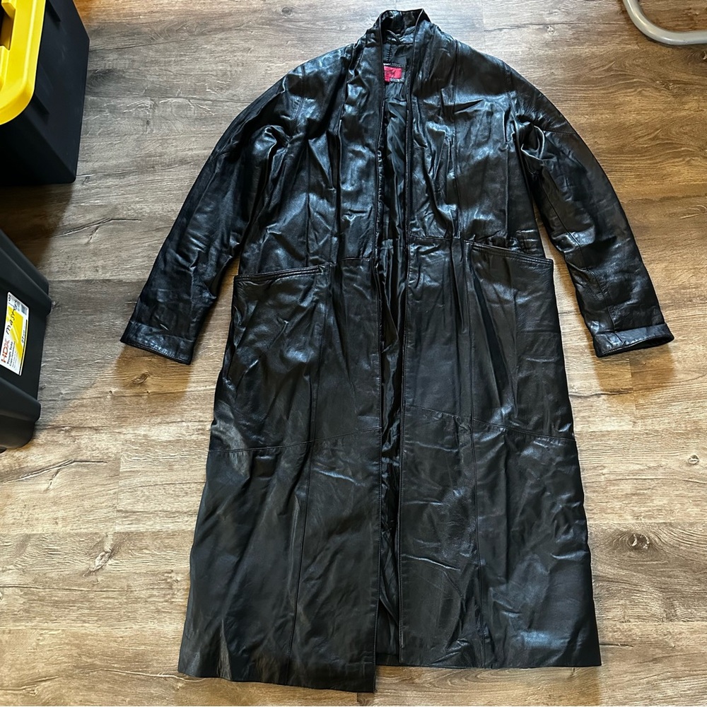 Excelled Vintage Black Leather Long Trench Coat XLT